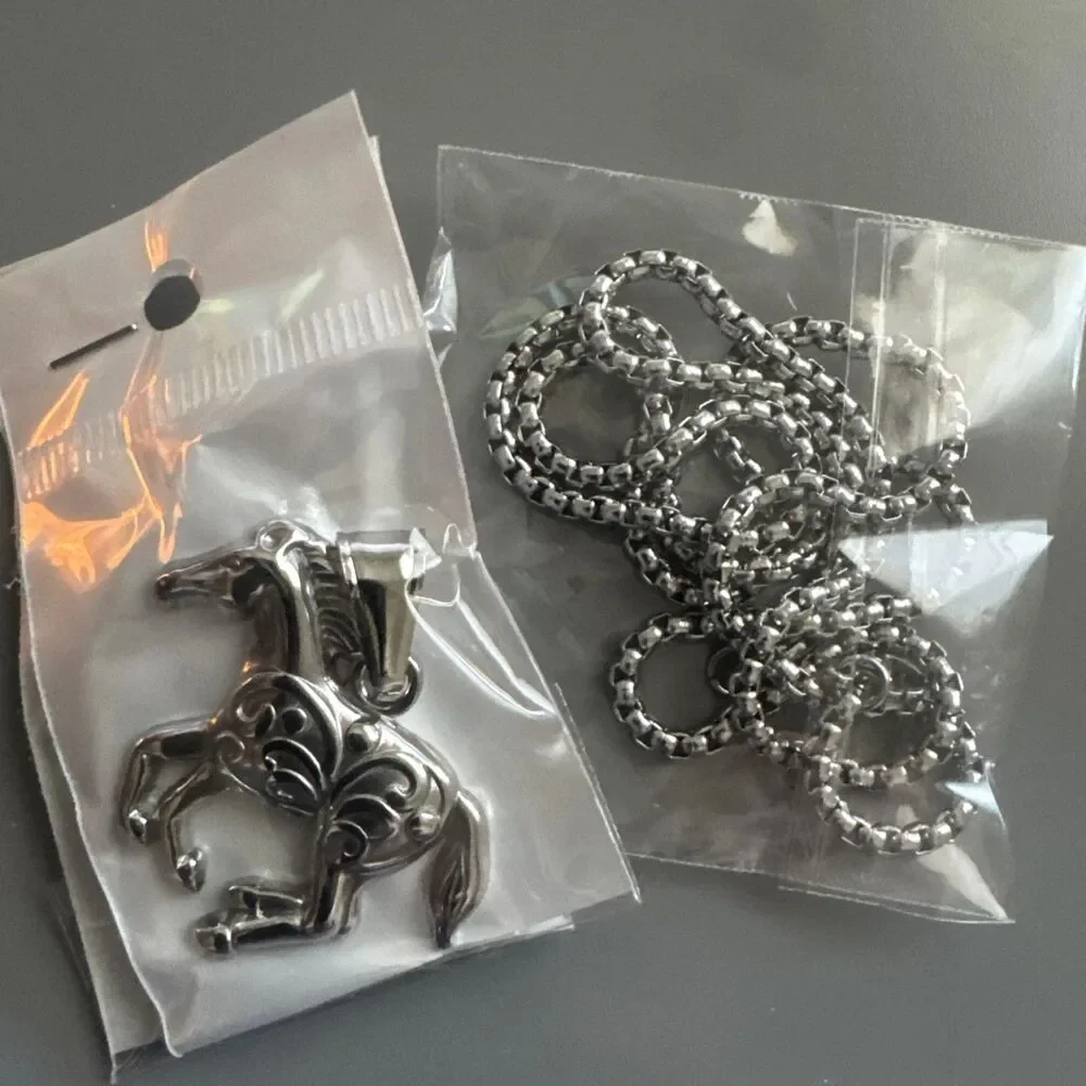Horse Pony Silver Plated Stainless Steel Pendant 24 Inch Chain Men’s Racing Gift